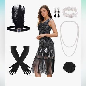 Plulon 1920s flapper dress fringed costume and accesories M